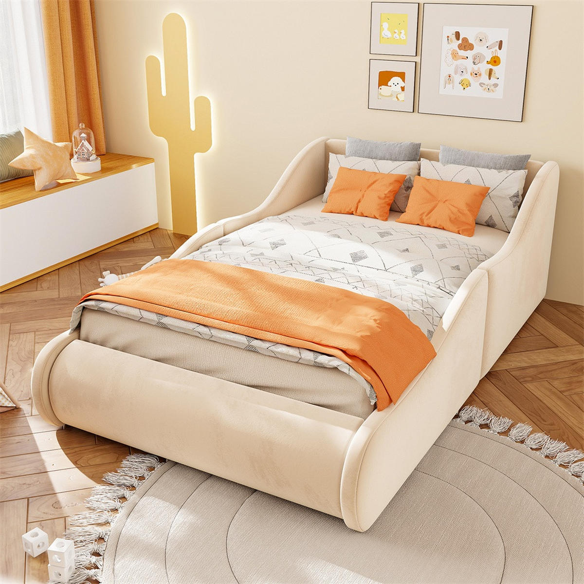 POLSTERBETT 90x200 cm mit hohem Kopfteil und Seitenschutzgittern - Samtstoff - ohne Matratze - Beige - Beige, Textil (90/200cm) - DELFA