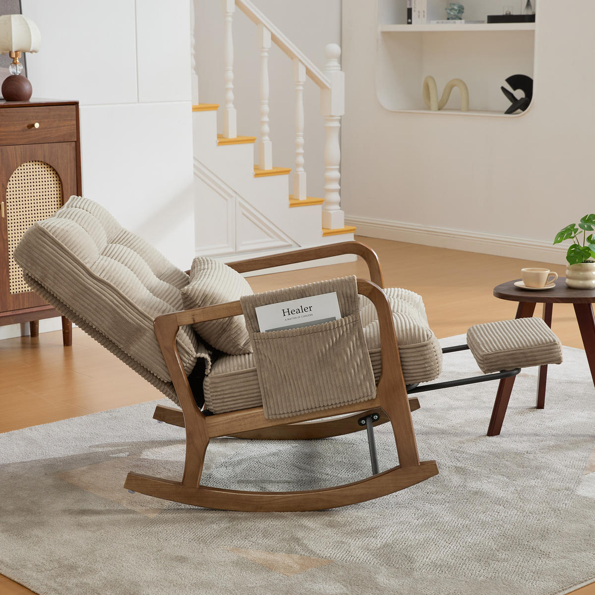 SCHAUKELSTUHL Relaxsessel mit Fußstütze,verstellbarer Rückenlehne,Cord,Khaki - Hellbraun, Textil (70/92/80cm) - LVHOM