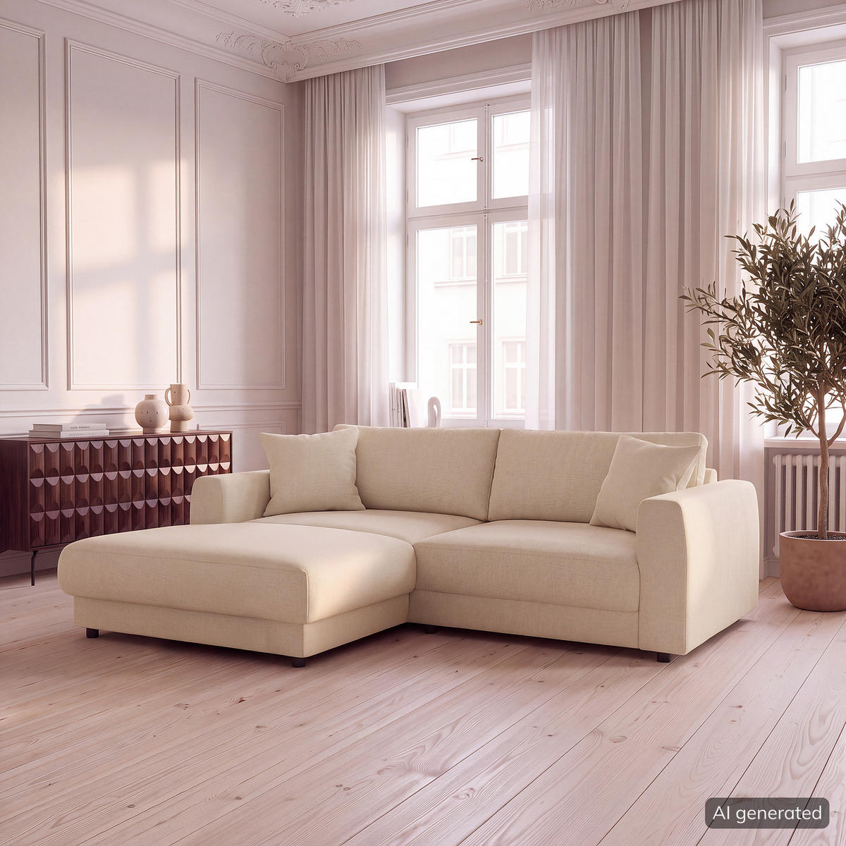ECKSOFA mit Longchair - Beige/Schwarz, Holz/Kunststoff (238/183cm) - home24