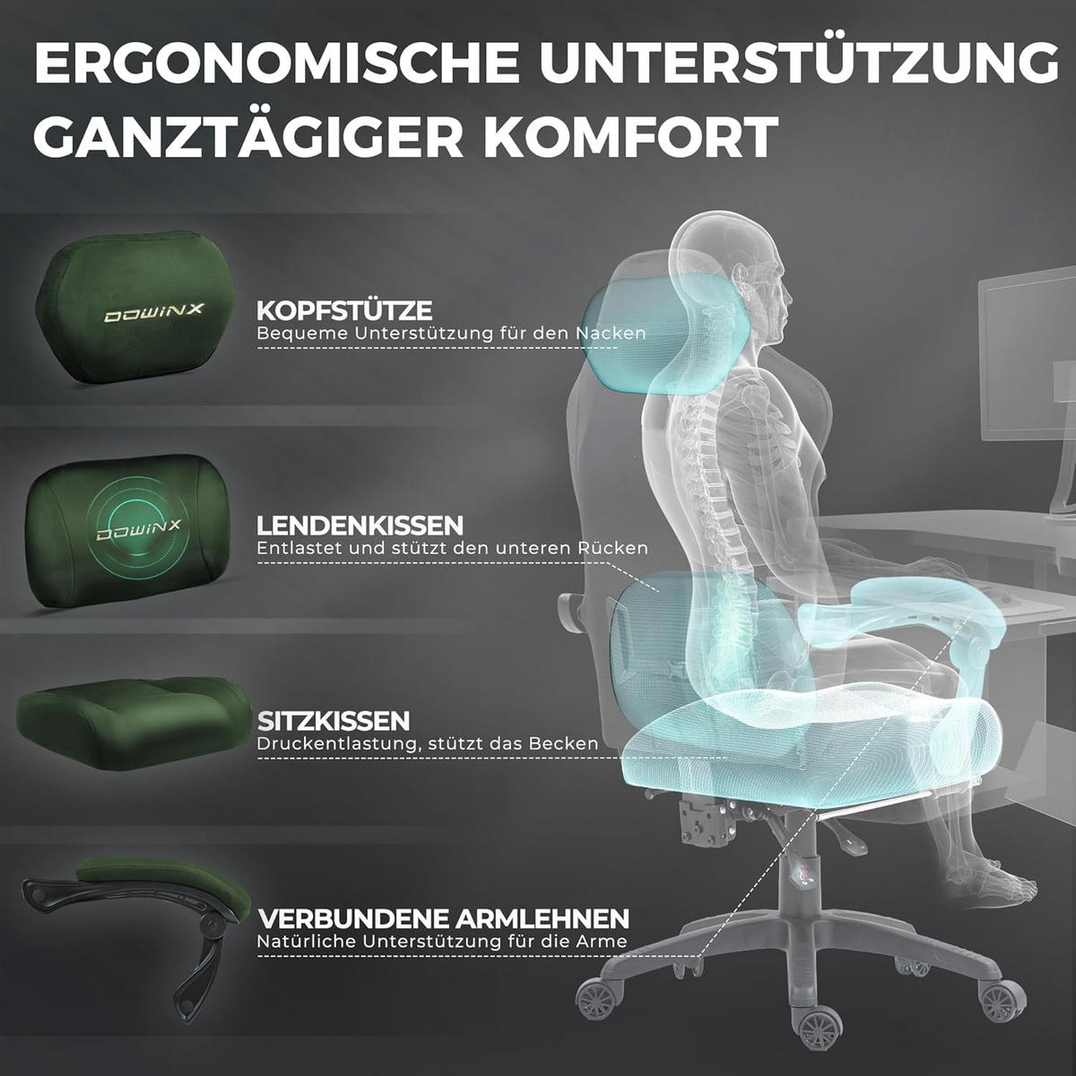 GAMING-STUHL Mikrofaser-Velours & Lendenkissen, Fußstütze 160° Neigbar - Grün, Leder (70/132/70cm)