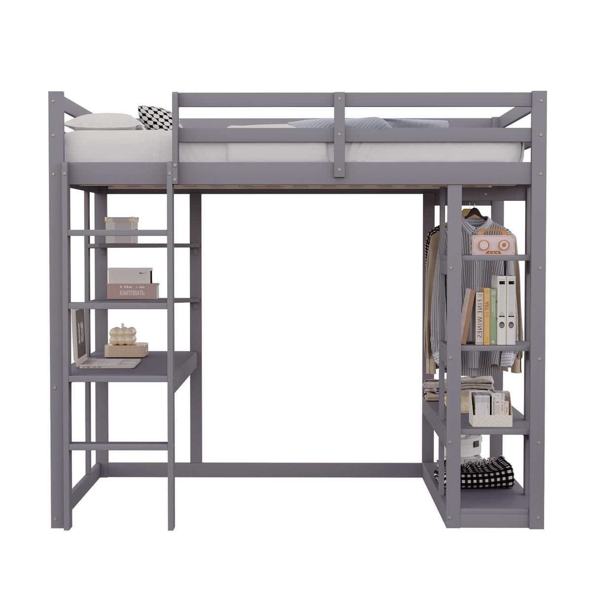 HOCHBETT 140/200 cm aus Holzwerkstoff mit Schreibtisch, Regalen und Kleiderstange, Grau - Grau, Holzwerkstoff (140/200cm) - Redom