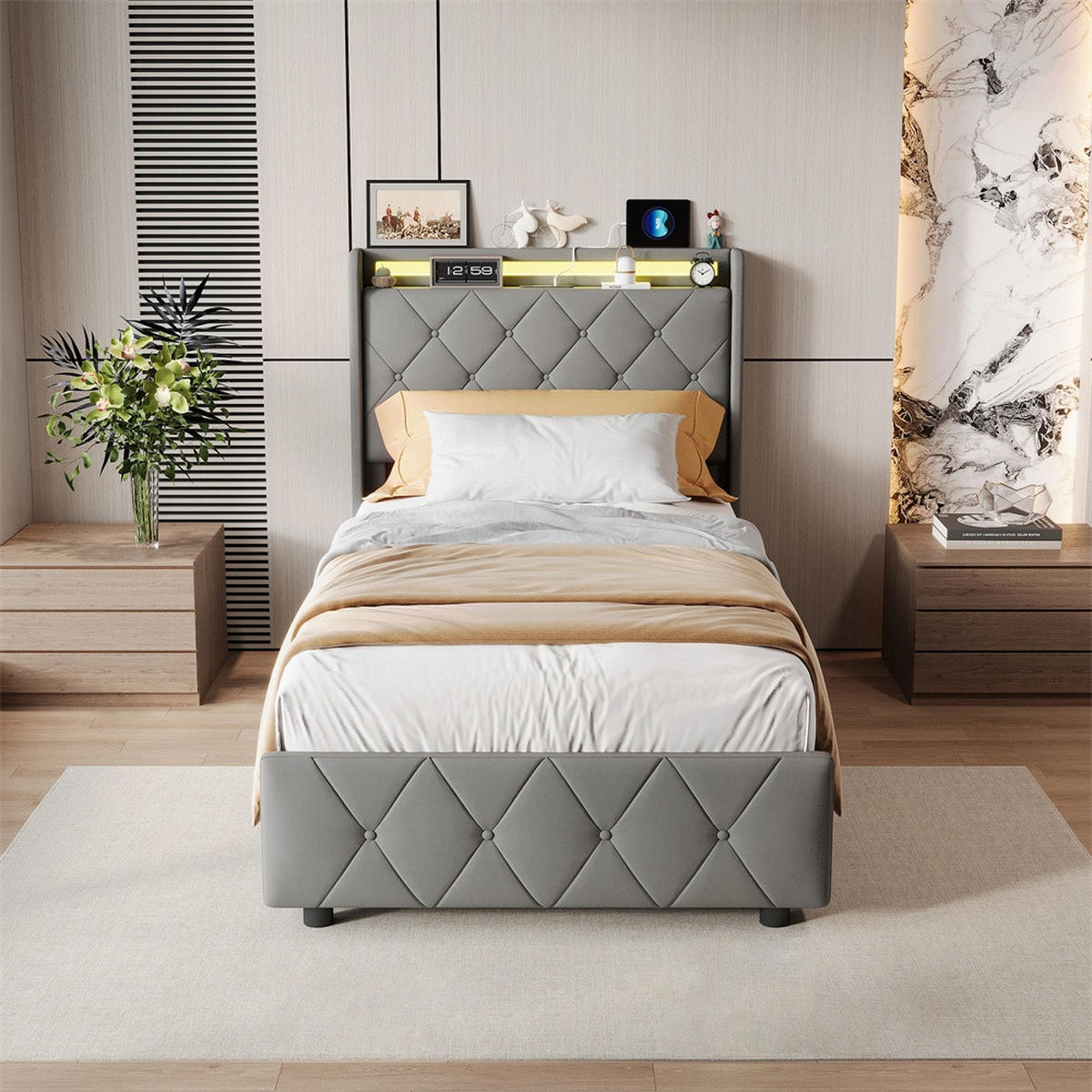 POLSTERBETT 90x200 cm mit 2 Schubladen & LED-Beleuchtung - USB-Anschlüsse - ohne Matratze - Grau - Grau, Textil (90/200cm) - DELFA