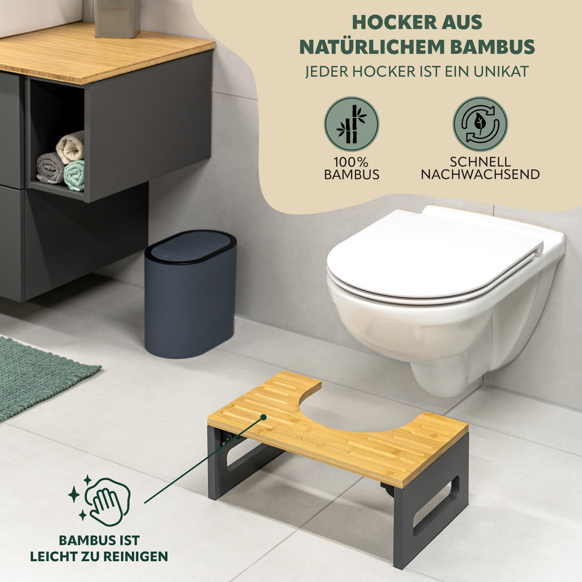 TOILETTENHOCKER Bambus, grau - Grau, Holz (43.5/18.5/28cm) - eluno