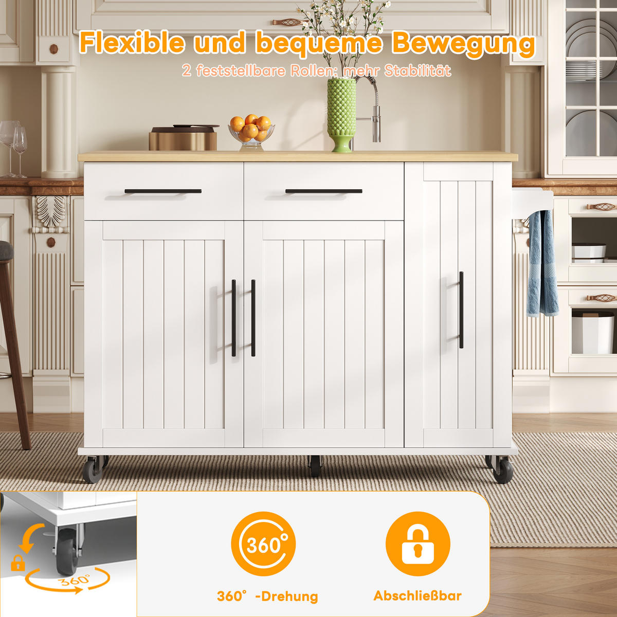 MOBILER Kücheninselwagen 120x65x90cm Weiß mit Auszug, Klappplatte & 5 Rollen - Weiß, Holzwerkstoff (120/90/65cm) - Modfu