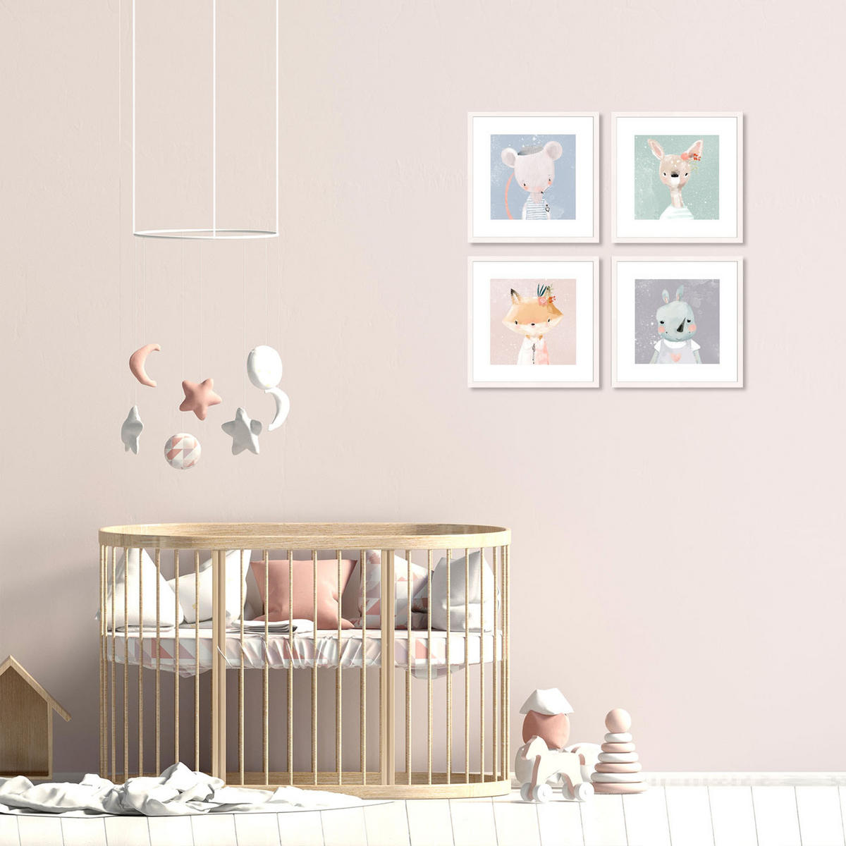 BILDER-SET mit Rahmen 4 x 30x30 cm Kinderzimmer Tiere pastell - Multicolor, Holz (30/30/2cm) - artissimo