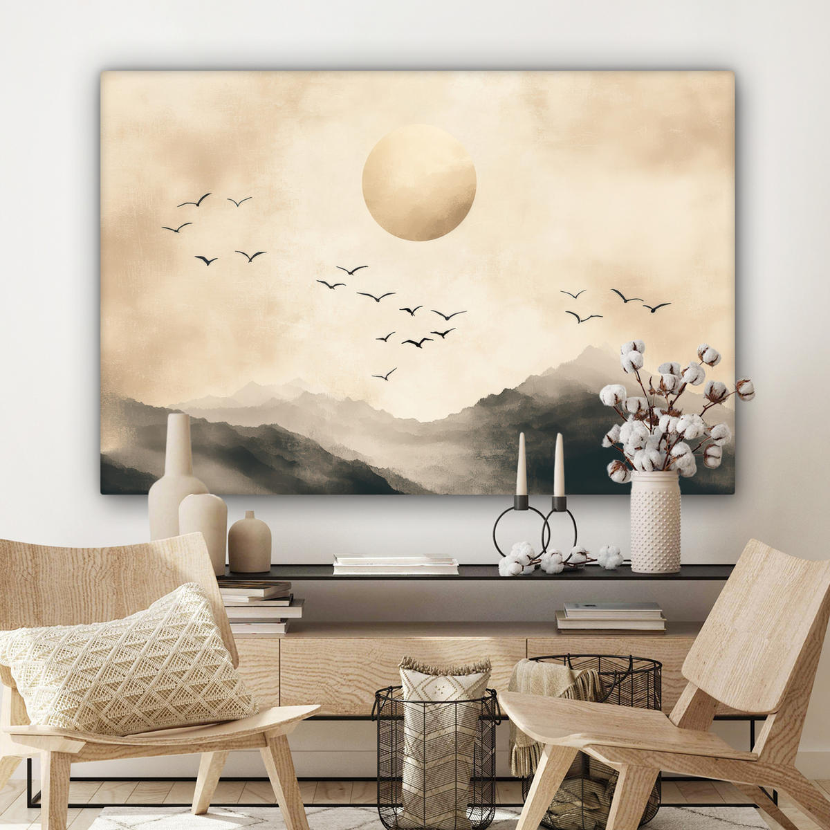 LEINWANDBILD Landschaft - Japandi - Vogel Groß 140x90 cm - Beige, Textil (140/90cm) - MuchoWow
