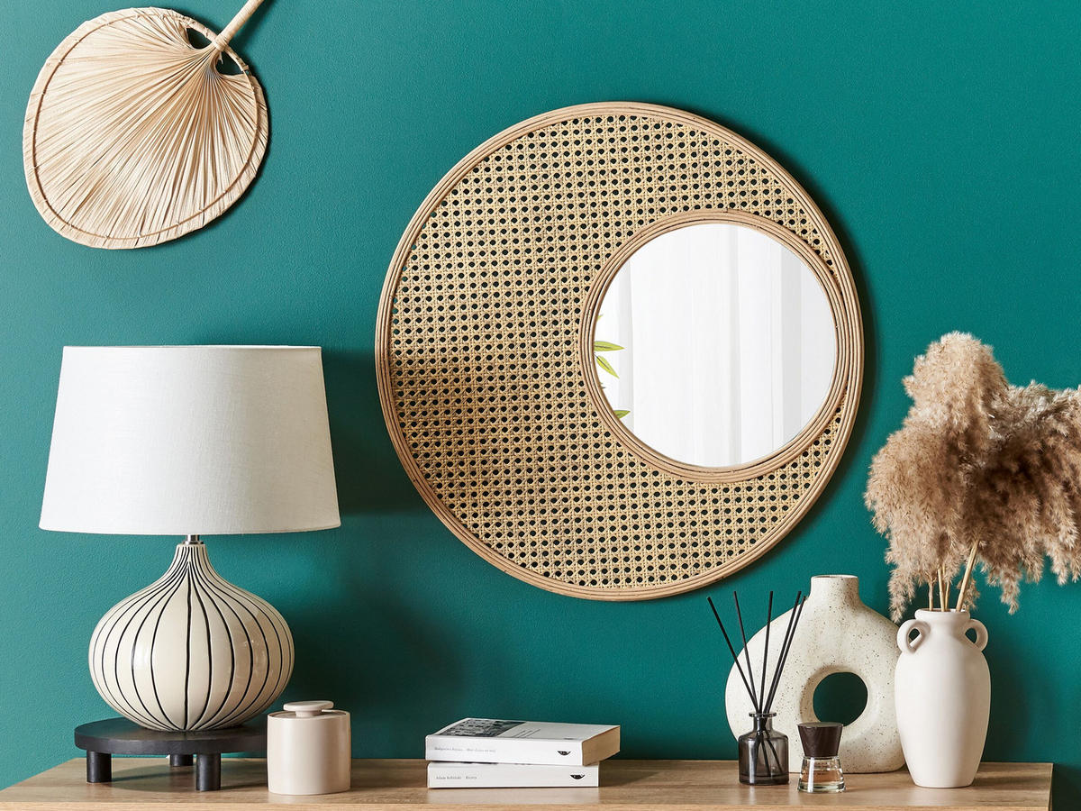 WANDSPIEGEL Rattan natürlich rund 60 cm Palau - Beige/Naturfarben, Kunststoff (60/60/2cm) - Beliani