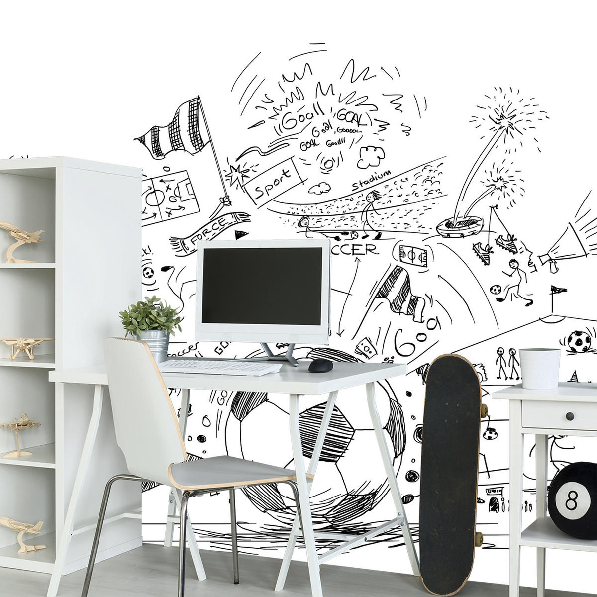 FOTOTAPETE für Kinderzimmer Fußball Skizzen Tor Stadion Sport 450x315 - Schwarz/Weiß, Papier (450/315cm) - Muralo