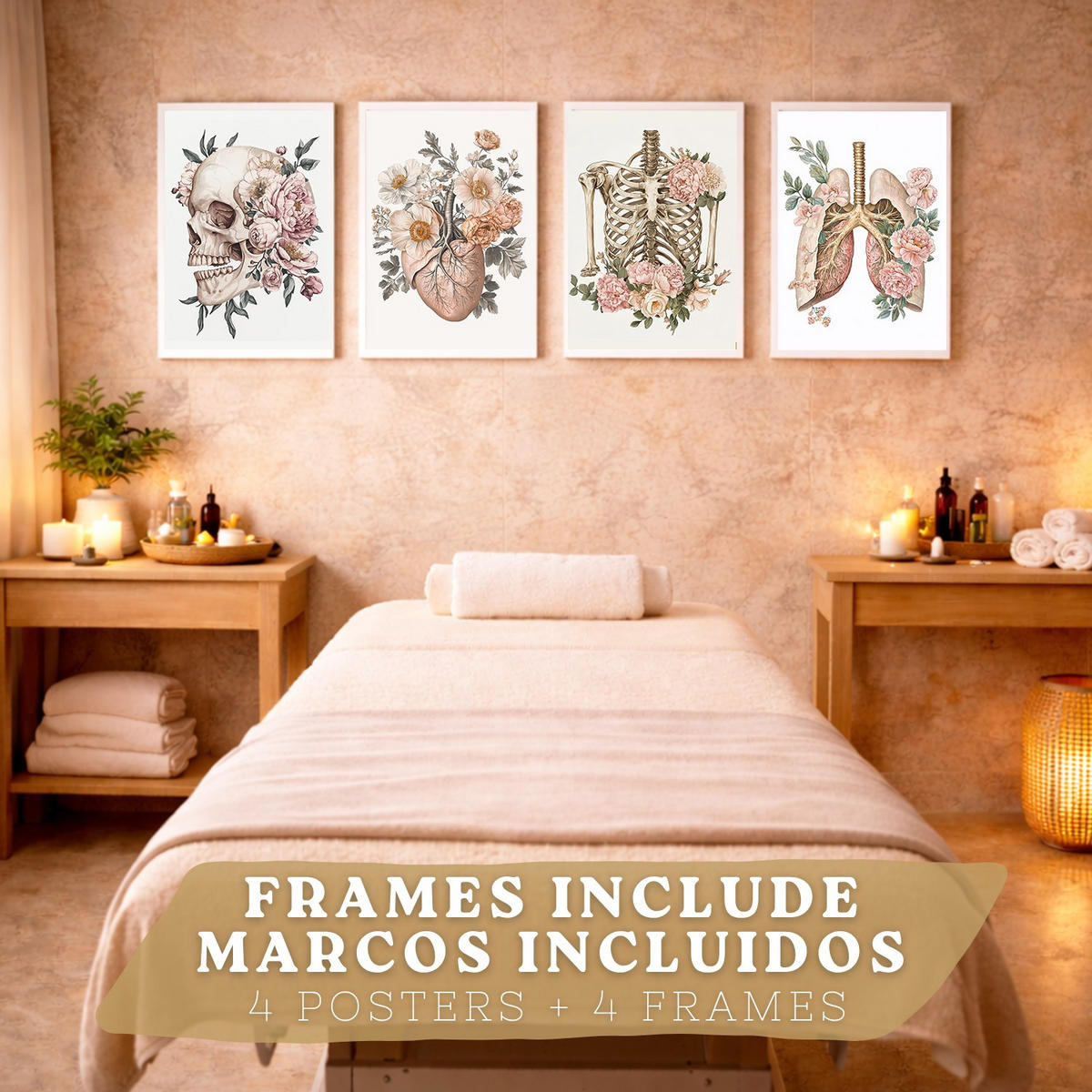 POSTER Set aus 4 Anatomie Mensch Florale Drucke und mit Schädel Herz Lungen und Skelett Botanische Aquarell dekoration Größe Weißer Rahmen A4 - Weiß, Papier (21/29.7/3cm) - Nacnic