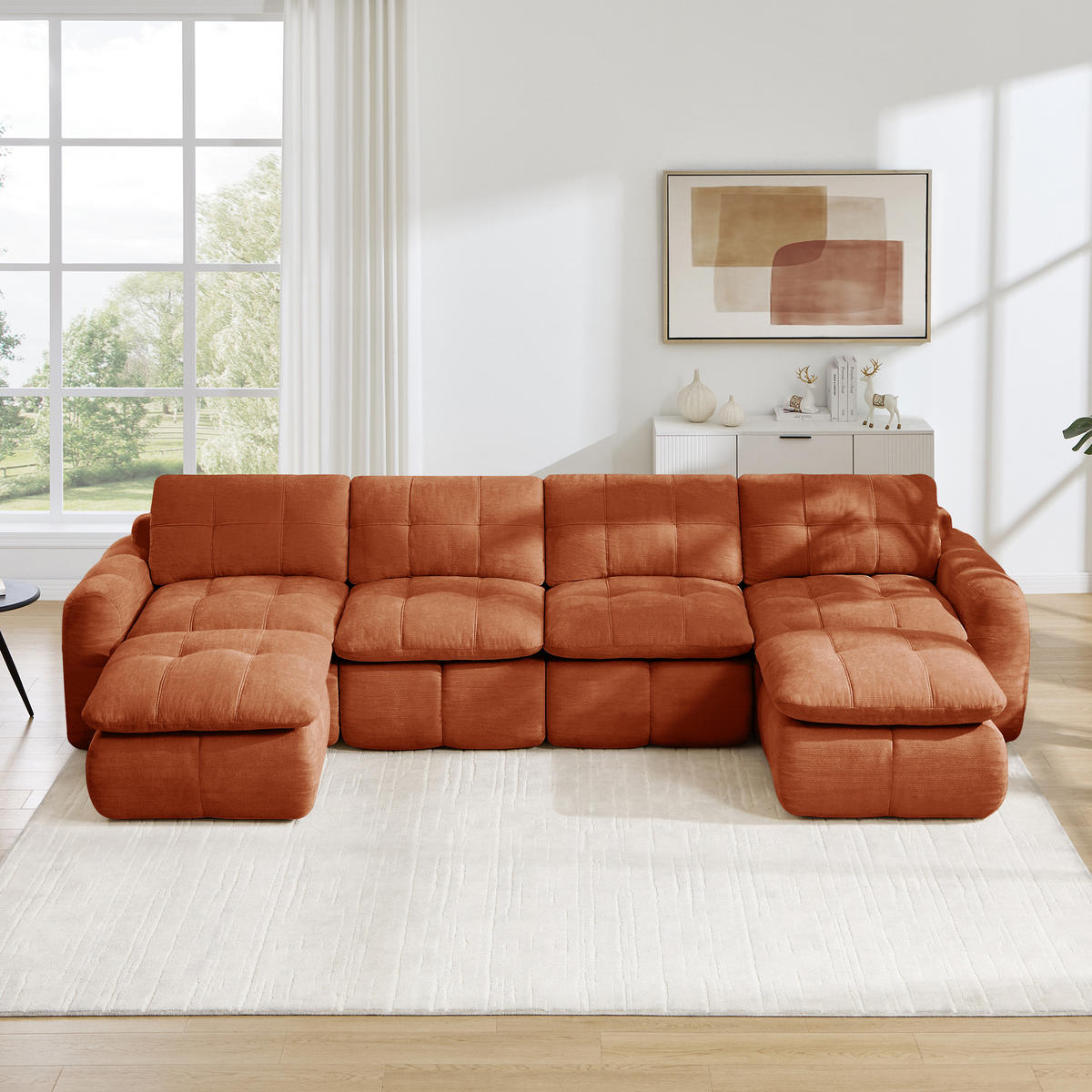 WOHNLANDSCHAFT DE-34464 U-Form mit 2 Ottomanen und Karostepp Orange - Orange, Textil (160/68.5/334cm) - ComfortXL