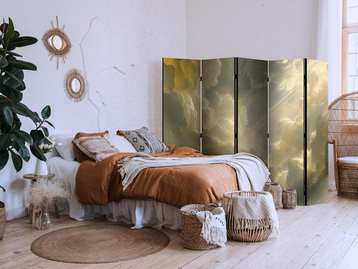 PARAVÁN Akustický 5-dielny 225x172 cm Oblaky Nebo a Svetlo - žltá, drevo/textil (225/172/3cm) - Muralo