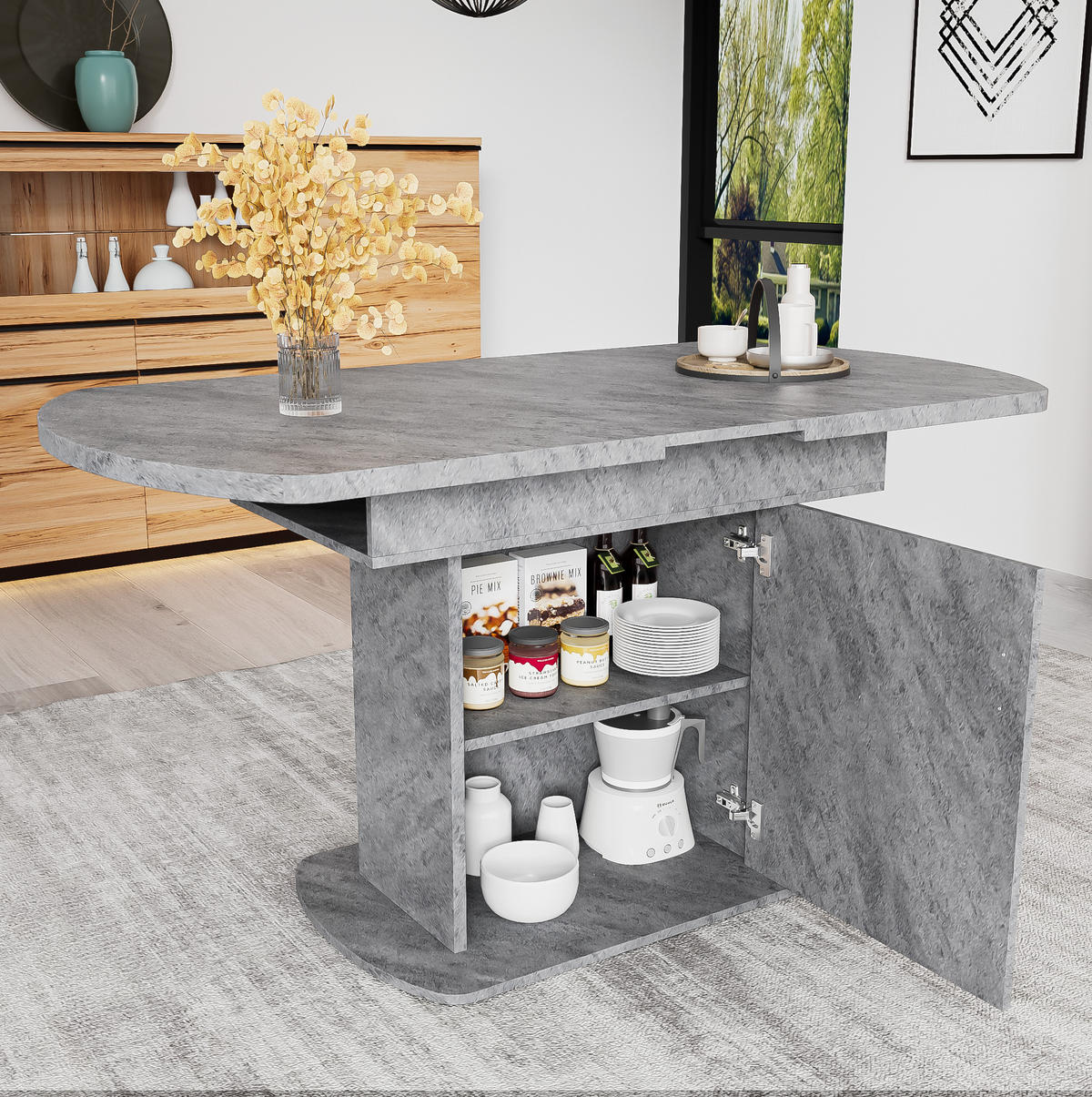 ESSTISCH 110-130x70x75 cm in Grau aus Spanplatte und Metall mit Stauraum - Grau, Holzwerkstoff (70/130/75cm) - Modfu