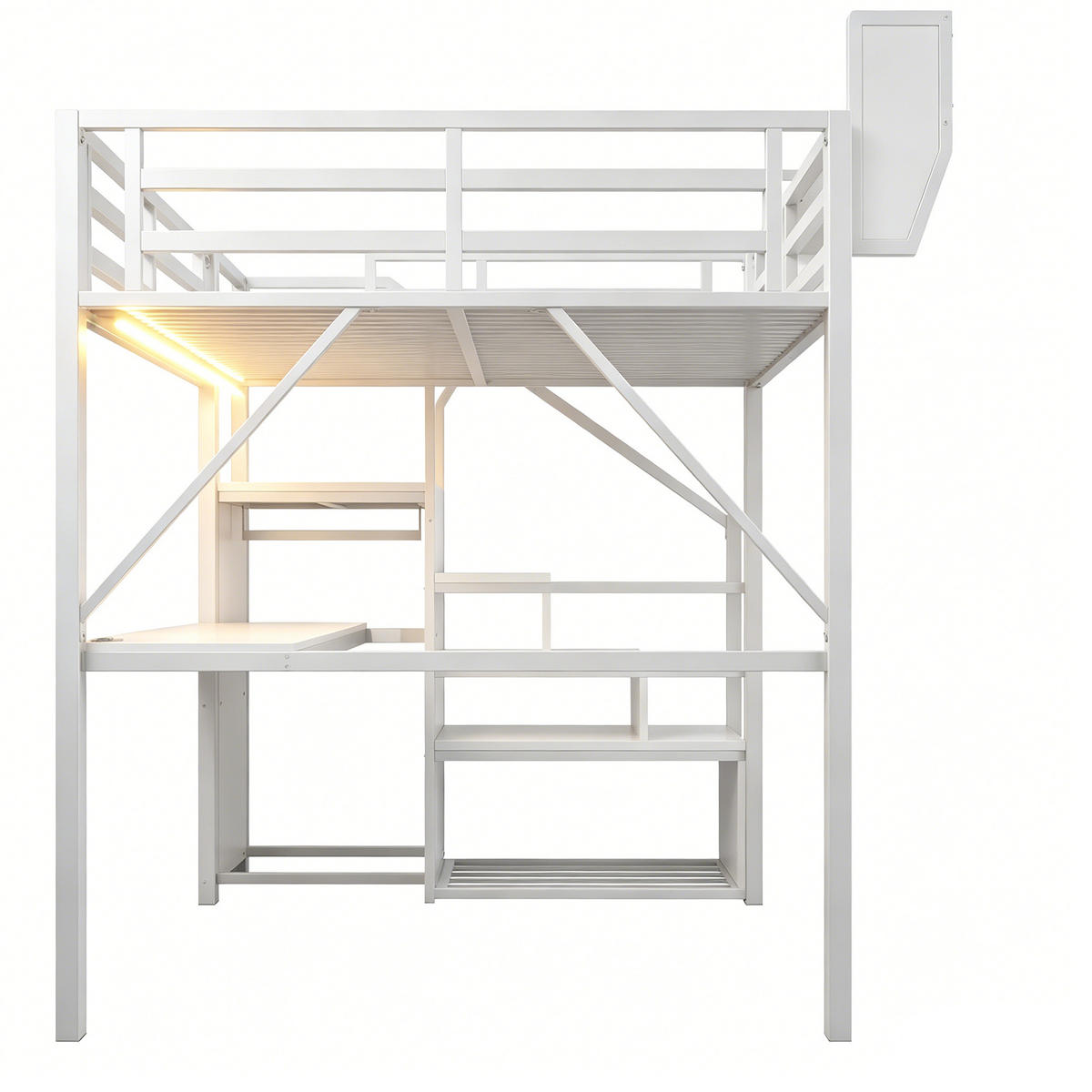 HOCHBETT 140/200 cm in Weiß mit LED, Schreibtisch, Sicherheitsleiter und Regal aus Metall - Schwarz/Weiß, Metall (140/200cm) - STILVORA