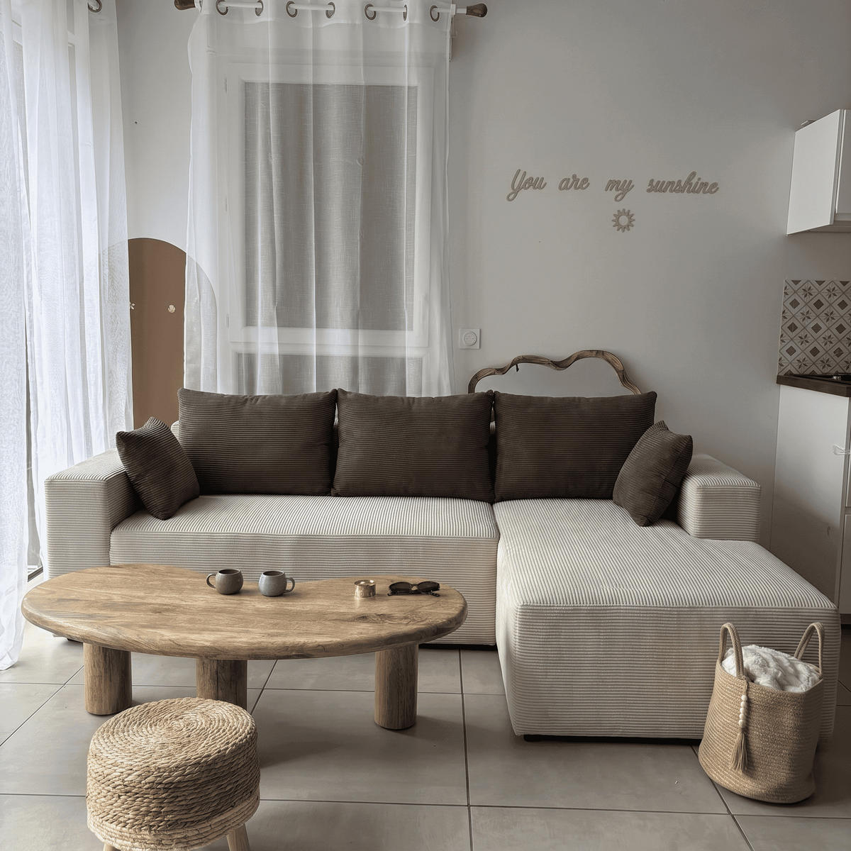 ECKSOFA Luna Sand Braun 3-Sitzer Rechts - Braun, Textil (267/175cm) - COCO Living