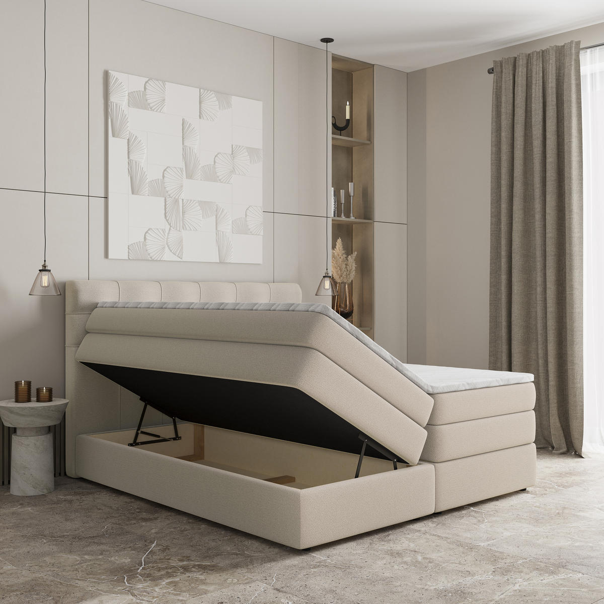 BOXSPRINGBETT AREZI 180x200 cm mit Matratze und Topper - Beige - Beige, Holz (180/200cm) - MASSENO