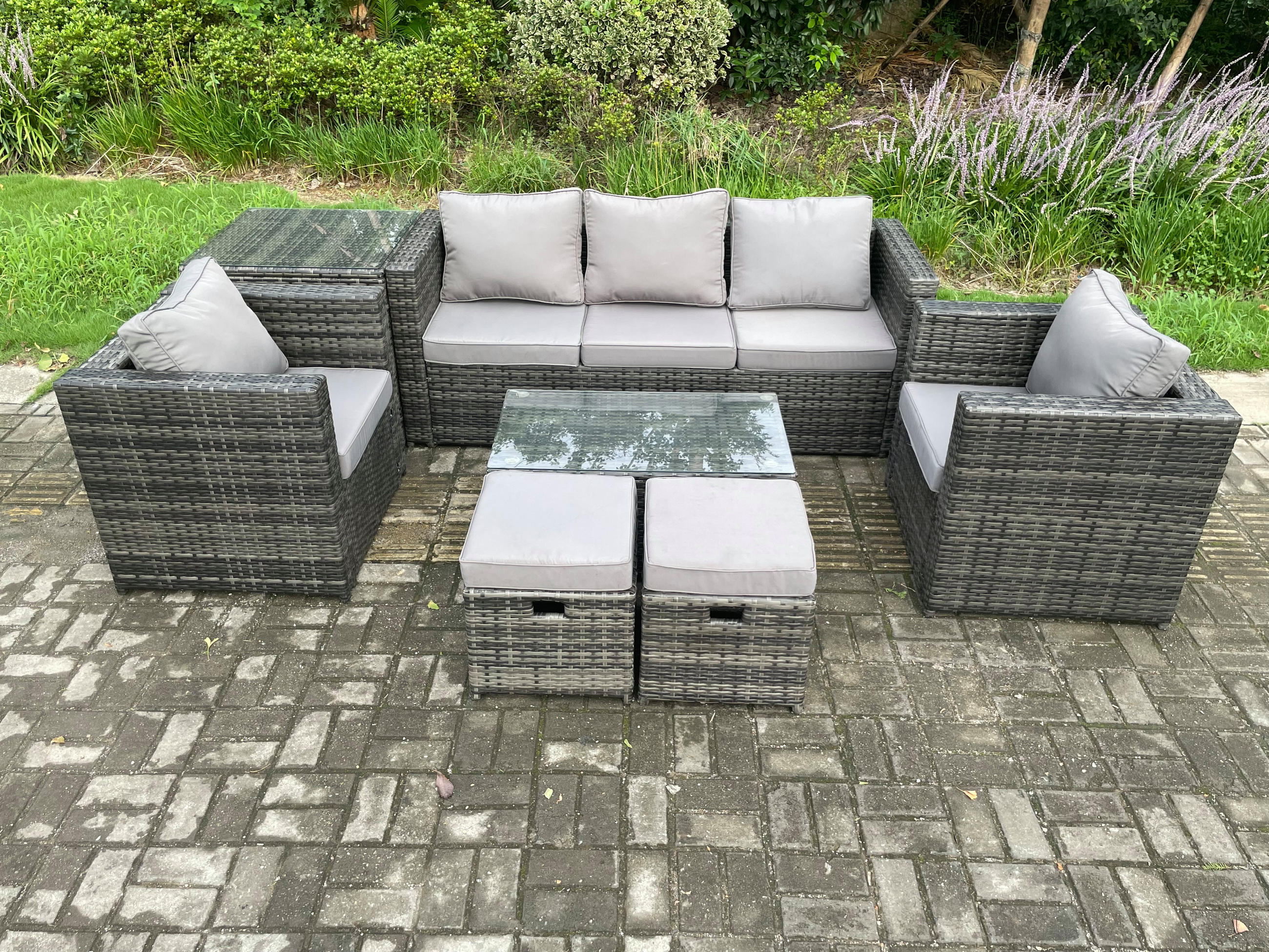 GARTENSOFA SET Polyrattan Dunkelgrau 7-Sitzer - Dunkelgrau, Metall - Fimous
