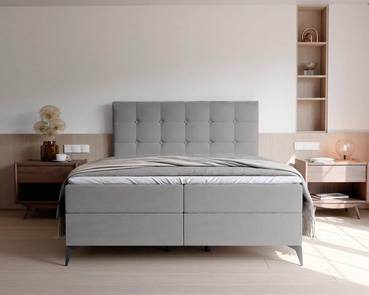 BOXBETT BAILEY 180/200 cm mit Matratze und Topper, Grau - Grau, Holzwerkstoff/Textil (180/200cm) - Idohome