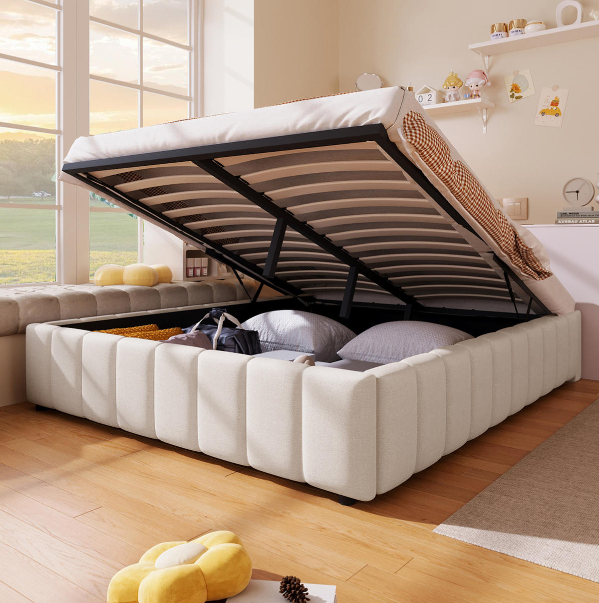 POLSTERBETT mit hydraulischem Stauraum 140x200 cm Leinen Beige - Beige, Metall (140/200cm) - Meubliv