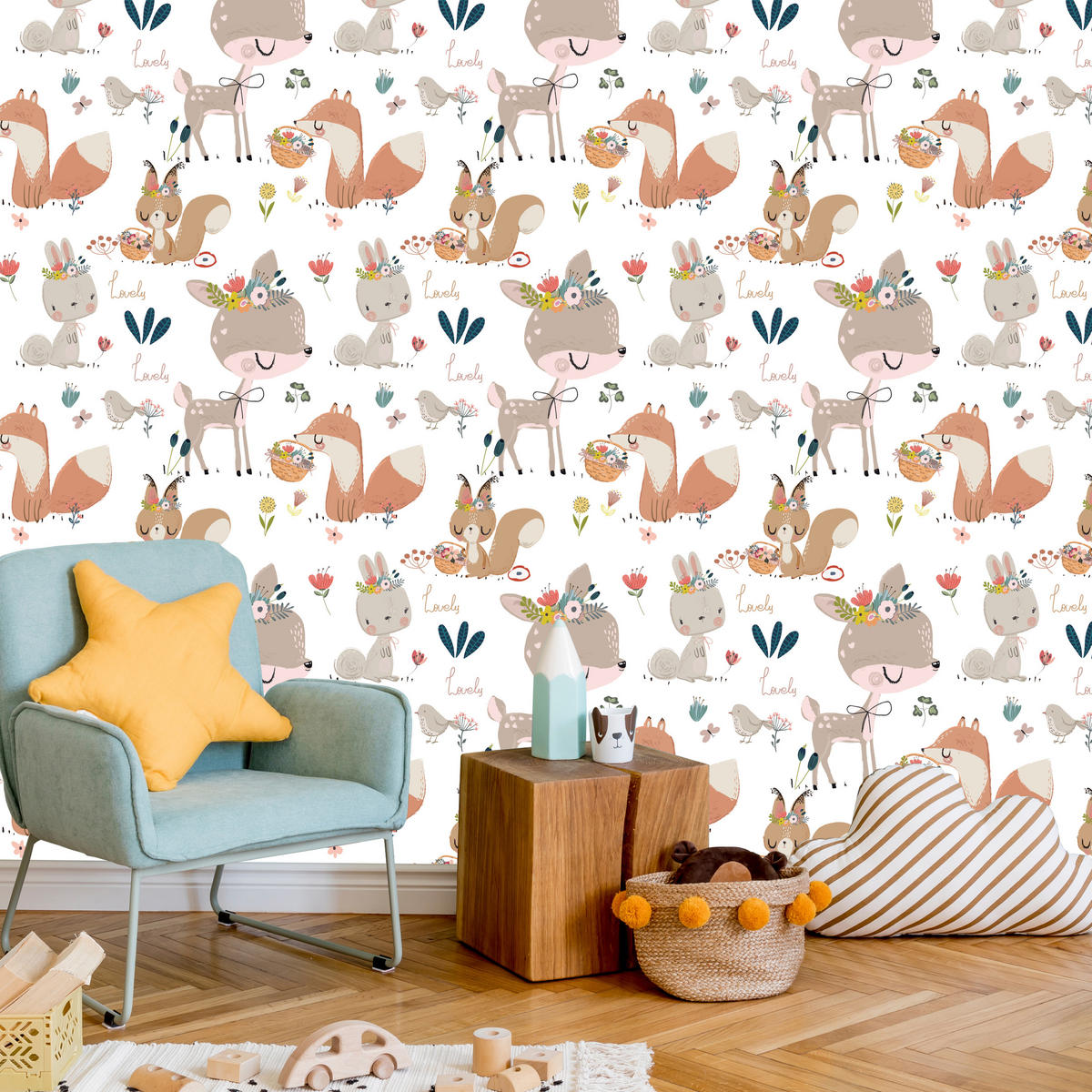 VLIESTAPETE Waldtiere und Blumen – Braun, Rosa, Grün, Weiß – 50x1000 cm - Braun/Rosa, Papier (50/1000cm) - Muralo