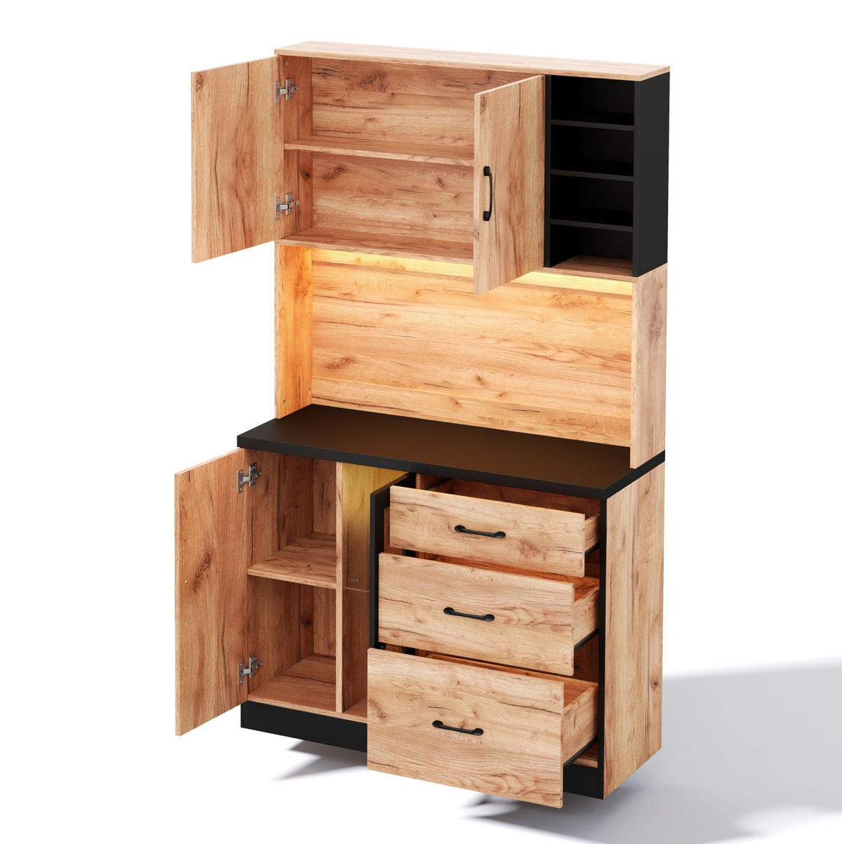 BUFFET aus MDF 105x40x180 cm Neutral mit LED-Beleuchtung, verstellbaren Einlegeböden und Steckdosenleiste - Naturfarben, Holzwerkstoff (105/180/40cm) - Modfu