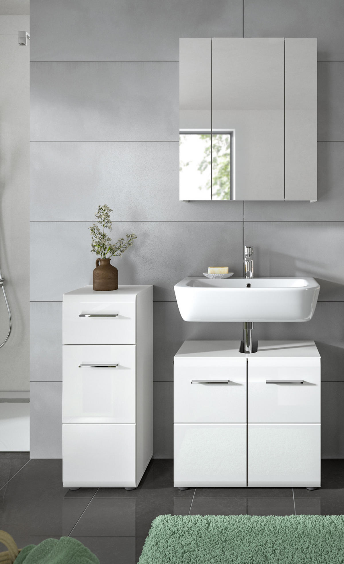 BADKOMMODE weiß Hochglanz, Badezimmer Schrank 30 x 80 cm - Weiß Hochglanz/Silberfarben, Holzwerkstoff/Kunststoff (30/80/30cm) - Inn.Furn