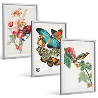 BILDER SET 3er Set - 40x60 cm Silberner Rahmen - Blumen, Schmetterlinge, Vögel, Pastellfarben - Silberfarben, Kunststoff (40/60cm) - TULUP