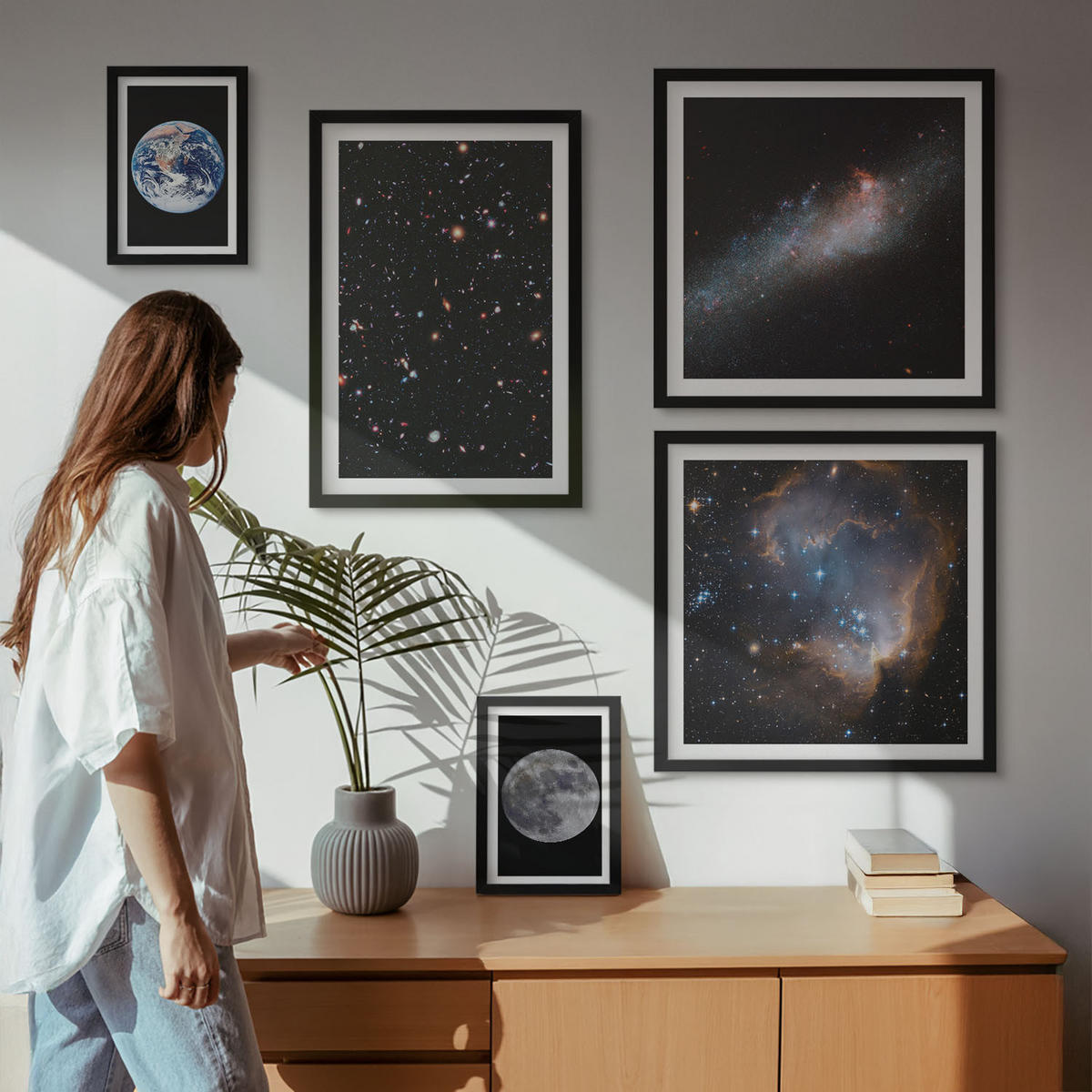 BILDER SET 5er Set - 50x50 cm & 20x30 cm & 40x60 cm Schwarzer Rahmen - Galaxie Weltraum Mond - Schwarz, Kunststoff (40/60cm) - TULUP