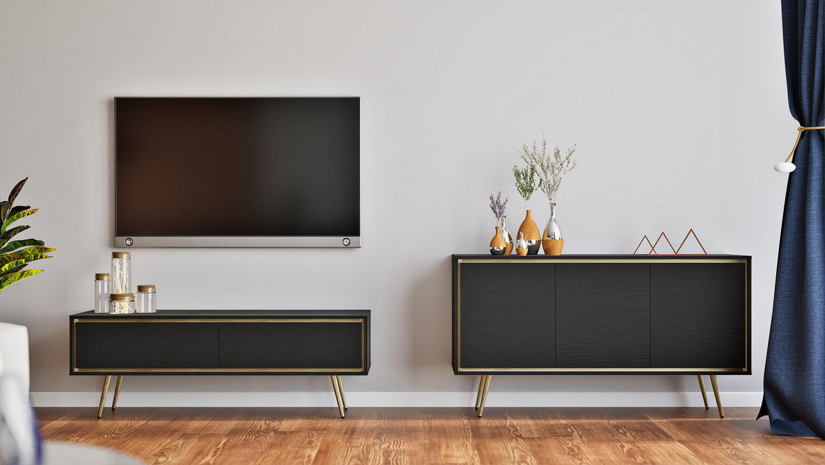 TV-SCHRANK Torina Schwarz, mit goldenen Beinen - Goldfarben/Schwarz, Holzwerkstoff/Metall (150/50/40cm) - Bettso