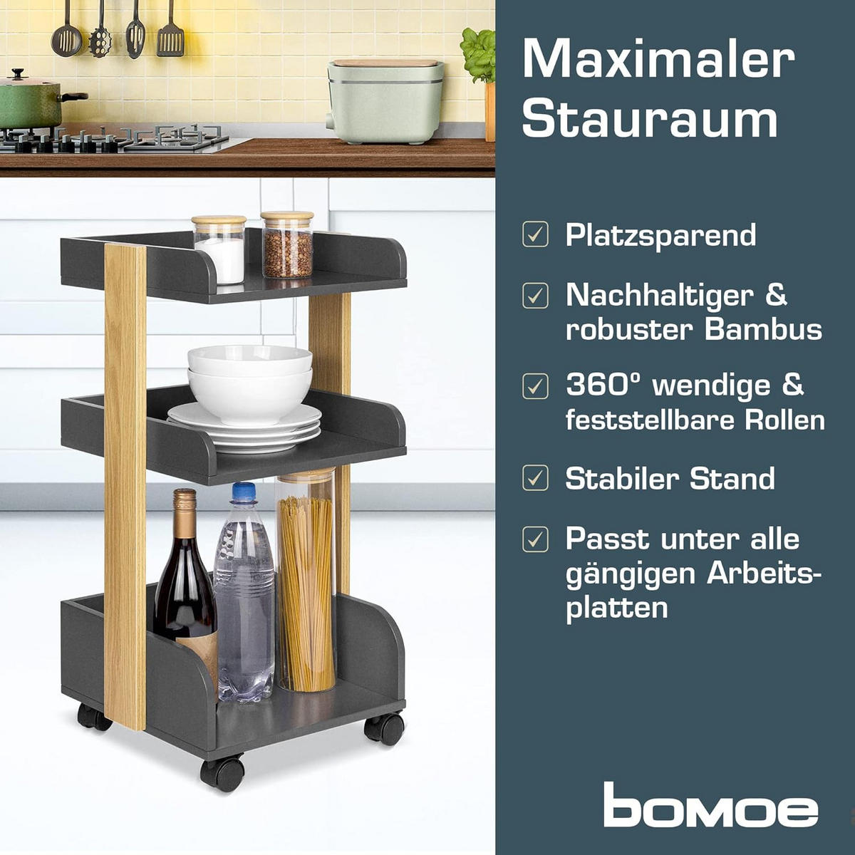 ROLLWAGEN Bosse Anthrazit-Eiche - Anthrazit/Multicolor, Holz/Holzwerkstoff (32/69/35cm) - BoMoe