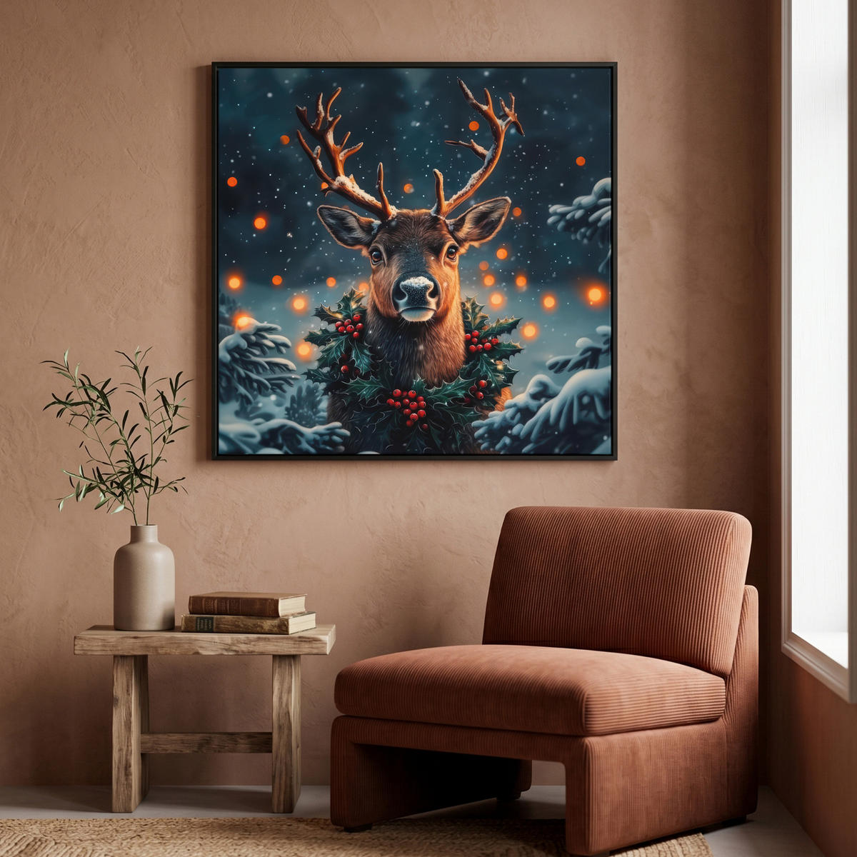 LEINWAND Bilder mit Rahmen - Hirsch - Weihnachten - Winter - Schnee - Weihnachtskranz - 90x90 - Dunkelbraun, Textil (90/90cm) - MuchoWow