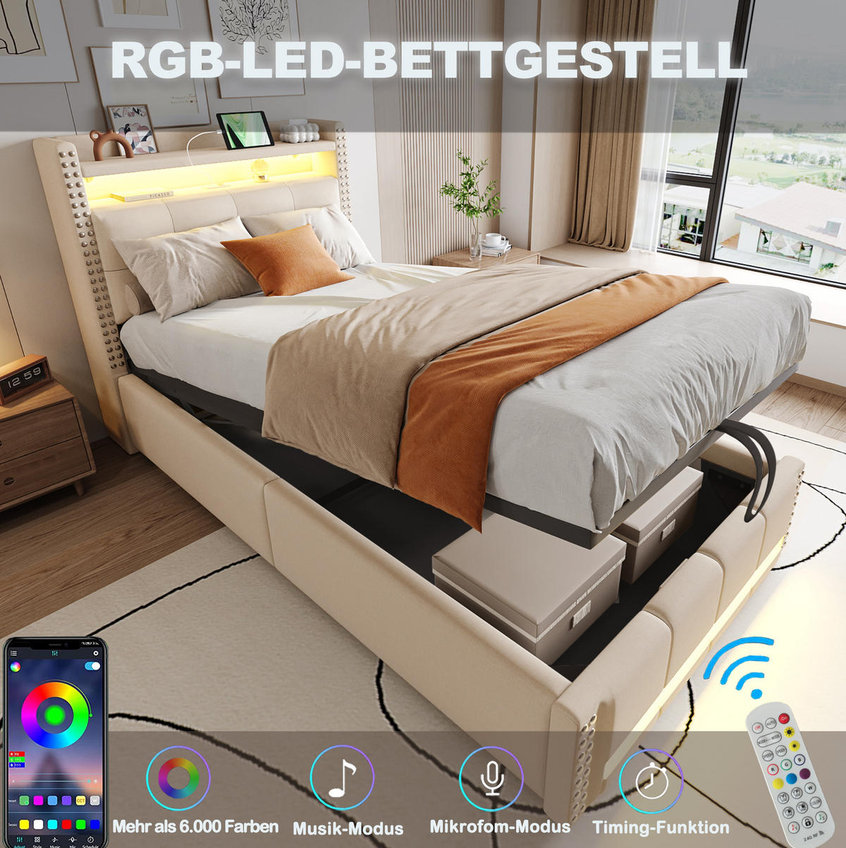 POLSTERBETT 90/200 cm Beige aus Leinenstoff mit LED, USB und Stauraum - Beige, Textil (90/200cm) - OKMYHOME