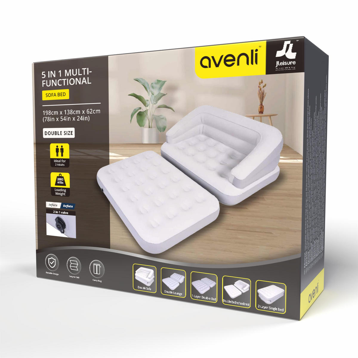 LUFTSOFA aufblasbares Sofa 198 x 138 x 62 cm weiß-grau wandelbar zum Doppelbett - Weiß/Grau, Kunststoff (138/62/198cm) - Avenli