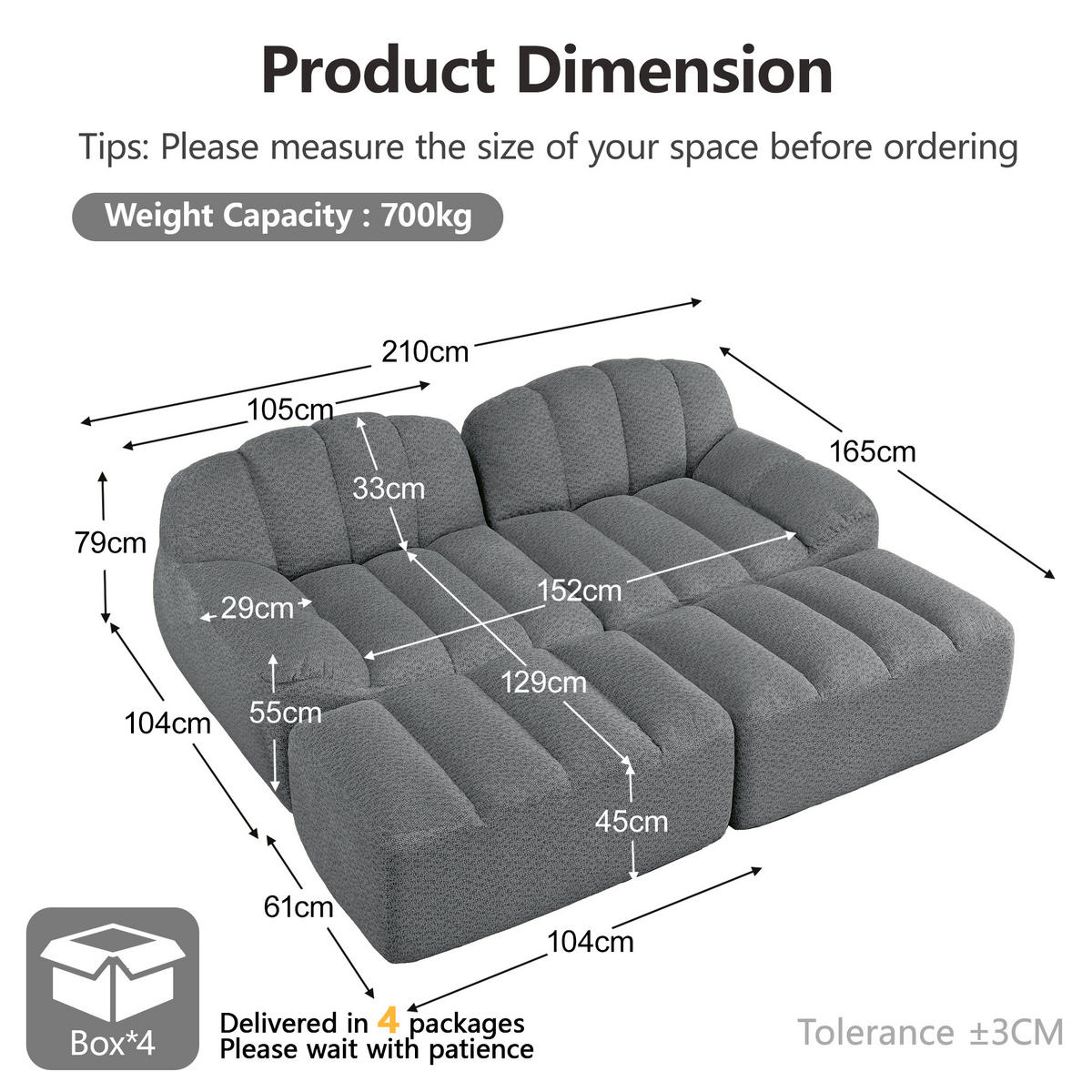 2-SITZER SOFA Granulierter Fleece Grau mit 2 Ottomans - Grau, Textil (210/79/165cm) - WISHDOR