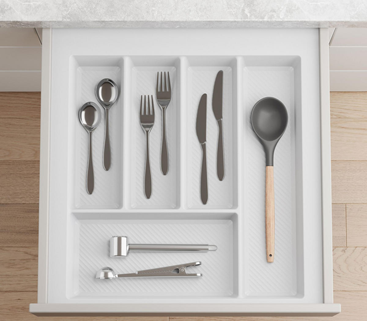 BESTECKEINSATZ kürzbar Breite 39-45cm zuschneidbar Schublade 50cm Tiefe 42-49cm - Weiß, Kunststoff (45/5.5/49cm) - Livingpoint24