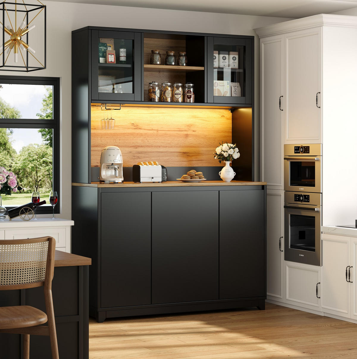 KÜCHEN-SIDEBOARD aus MDF 120x40x180 cm Schwarz mit LED-Beleuchtung, Acryltüren und Abfallfach - Schwarz, Holzwerkstoff (120/180/40cm) - IVMEU