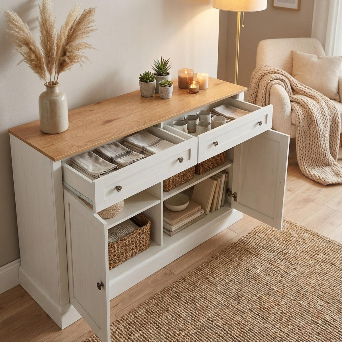 SIDEBOARD 150 cm in Antik Weiß & Natur - Weiß/Naturfarben, Holzwerkstoff (150/86/40cm) - Urban Meuble