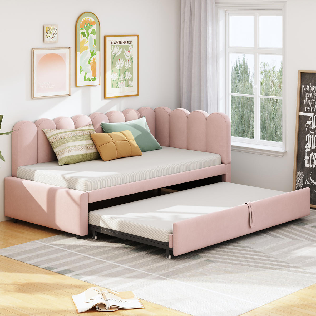POLSTERBETT 90/200 cm mit Ausziehbett, L-Form und Samtbezug, Rosa - Rosa, Textil (90/200cm) - Redom