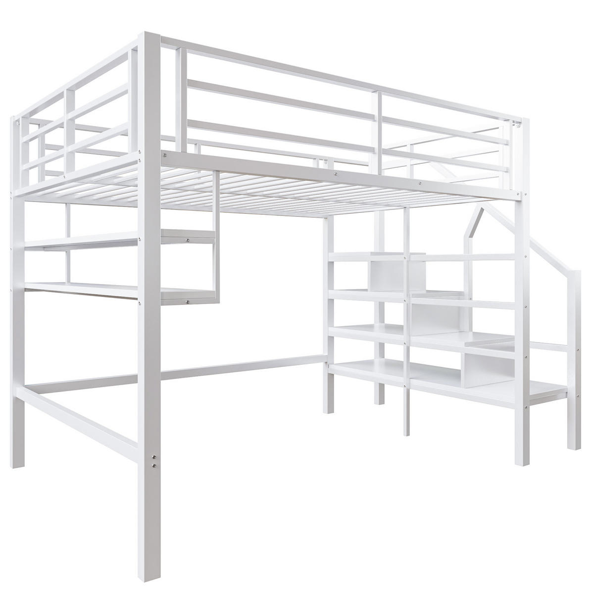 HOCHBETT aus Metall und MDF 140x200 cm Weiß mit Stauraumleiter, Regalen und Freiraum - Weiß, Metall (140/200cm) - IVMEU