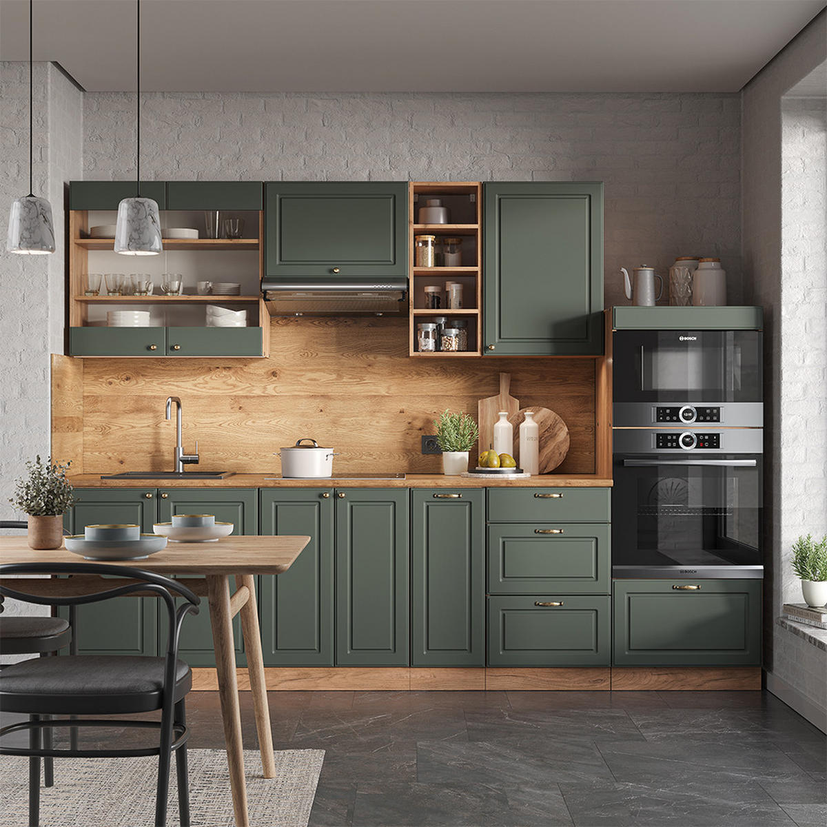 KÜCHENZEILE Fame-Line Grün-Gold Landhaus/Goldkraft Eiche 280 cm AP Marmor - Eiche Wotan/Grün, Holzwerkstoff (280/81.6/60cm) - Vicco