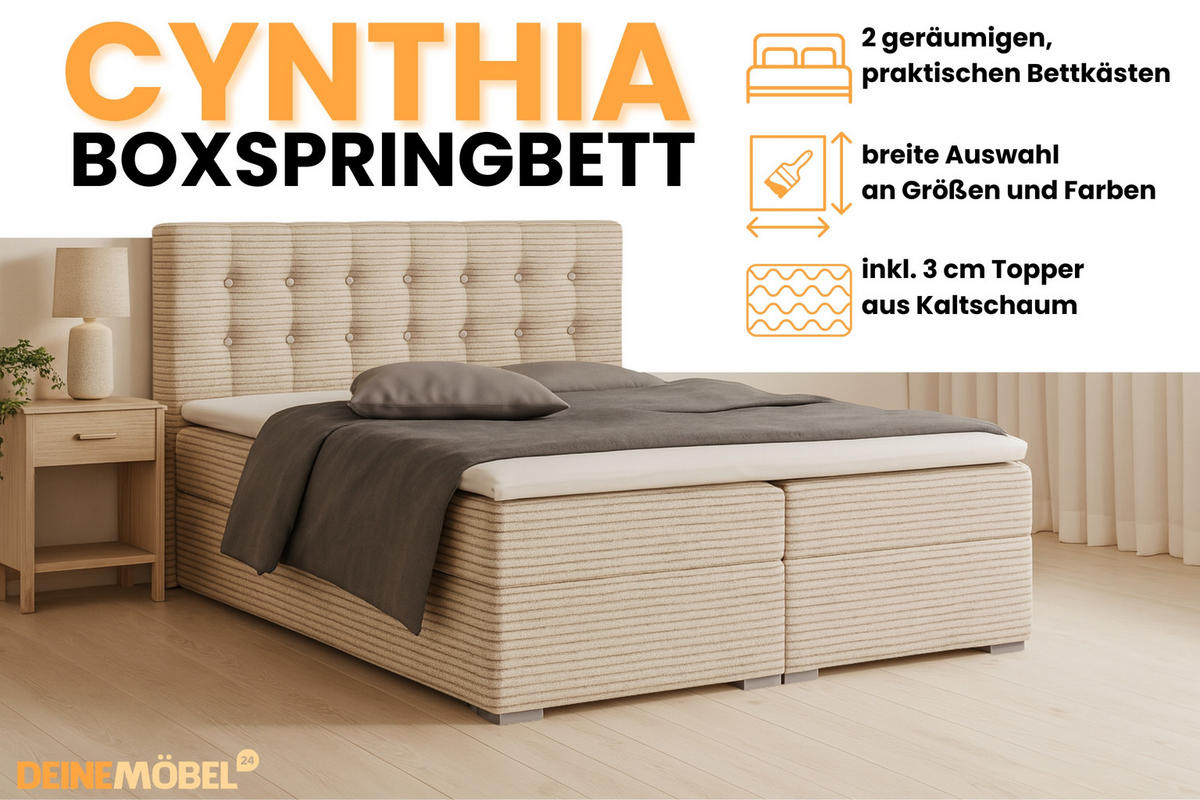 BOXBETT CYNTHIA 160/200 in Cord Beige H4 - Beige, Holz/Holzwerkstoff (160/200cm) - Deine Möbel 24