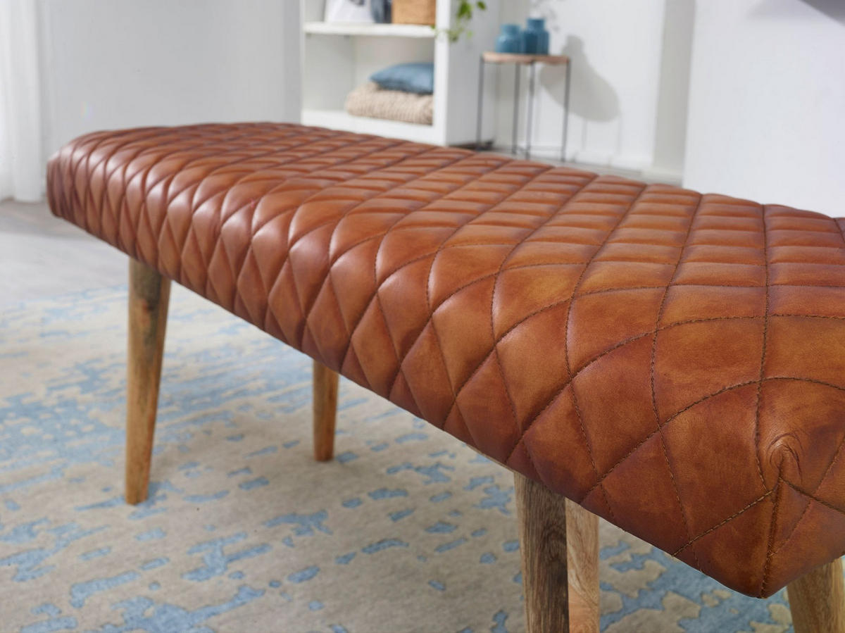 SITZBANK – Echtleder/Holz, Springbock-Stil - Braun, Mangoholz/Leder (115/53/38cm) - KADIMA DESIGN