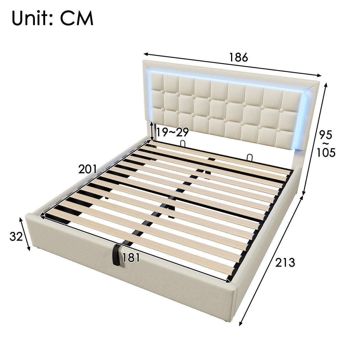 POLSTERBETT 180/200 cm mit LED-Beleuchtung, hydraulischem Stauraum und Lattenrost aus Kunstleder, Weiß - Weiß, Kunststoff (180/200cm) - Redom