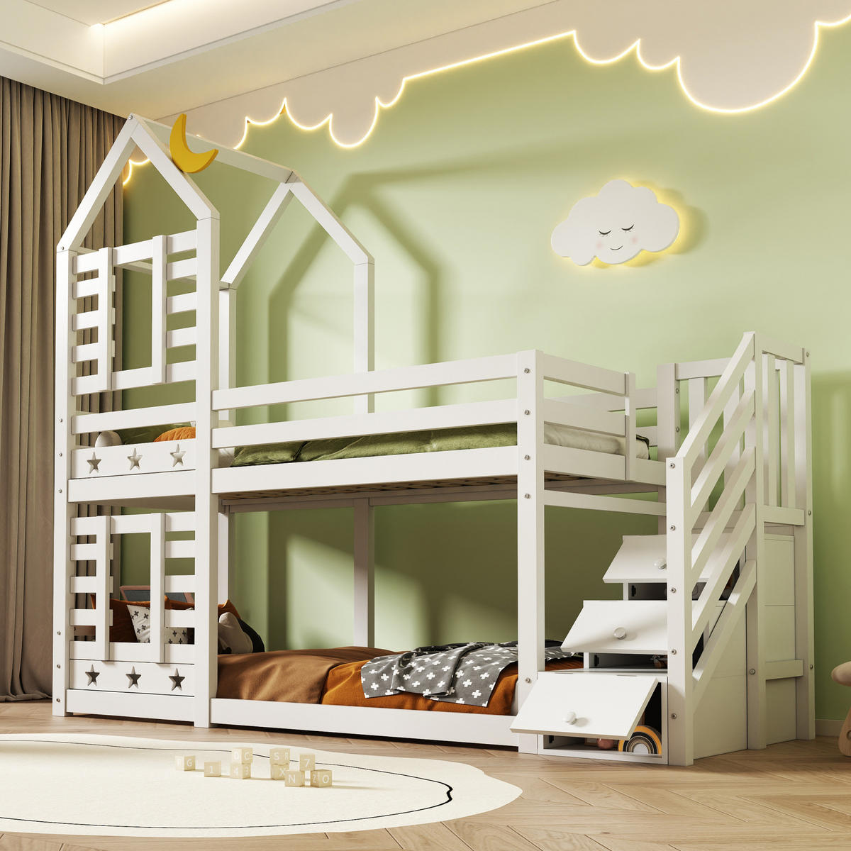 HAUSBETT 90/200 cm Weiß mit Treppe und Stauraum im Hausbett-Design - Weiß, Holzwerkstoff (90/200cm) - Flora Grace