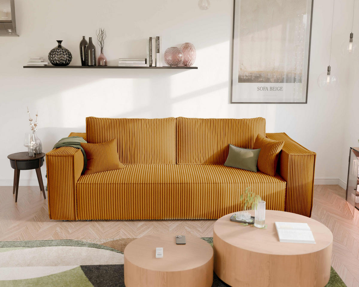 SOFA mit Schlaffunktion und Bettkasten, Senfgelb - Gelb, Holzwerkstoff/Textil (240/84/105cm) - Idohome