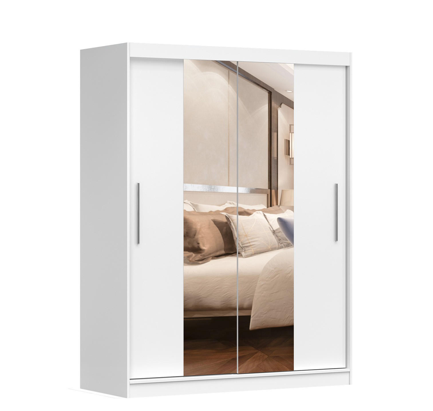 SCHWEBETÜRENSCHRANK 150/200/61 cm 2-türig Vista 01 Weiß/Weiß + Spiegel, mit LED-Beleuchtung - Alufarben/Weiß, Glas/Holzwerkstoff (150/200/61cm) - imoebel24