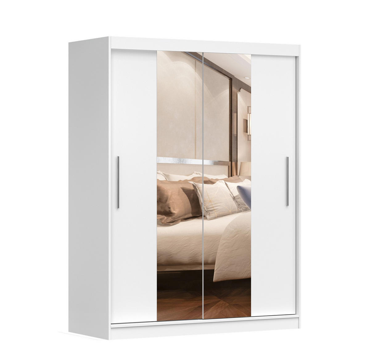 SCHWEBETÜRENSCHRANK 150/200/61 cm 2-türig Vista 01 Weiß/Weiß + Spiegel, mit LED-Beleuchtung - Alufarben/Weiß, Glas/Holzwerkstoff (150/200/61cm) - imoebel24