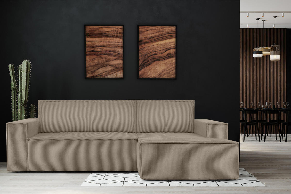 ECKSCHLAFSOFA-RECHTS NAPI in Pet Friendly Cord-Stoff, beige - Beige/Schwarz, Textil (262/148cm) - KONSIMO®