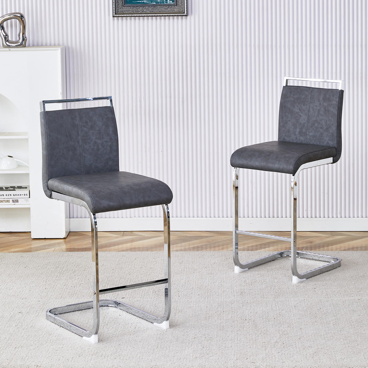 BARHOCKER 2er-Set Grau mit PU-Leder und Fußstütze - Silberfarben, Metall (38.9/96.5/46.5cm) - PANGIVO