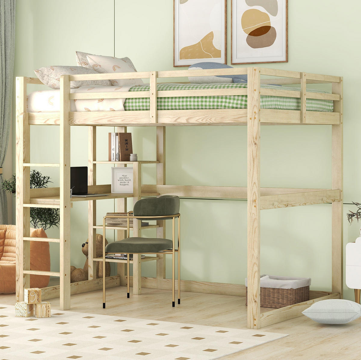 HOCHBETT 140/200 cm Natur aus Kiefernholz mit Schreibtisch und Stauraum - Naturfarben, Holz (140/200cm) - OKMYHOME