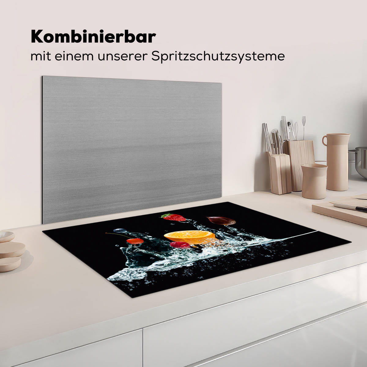 KRYT NA INDUKČNÍ DESKU Voda - Ovoce - Pomeranč - Jahoda - Třešeň - Černá 80x52.2 cm - pomerančová, plast (80.2/52.2/0.2cm) - MuchoWow